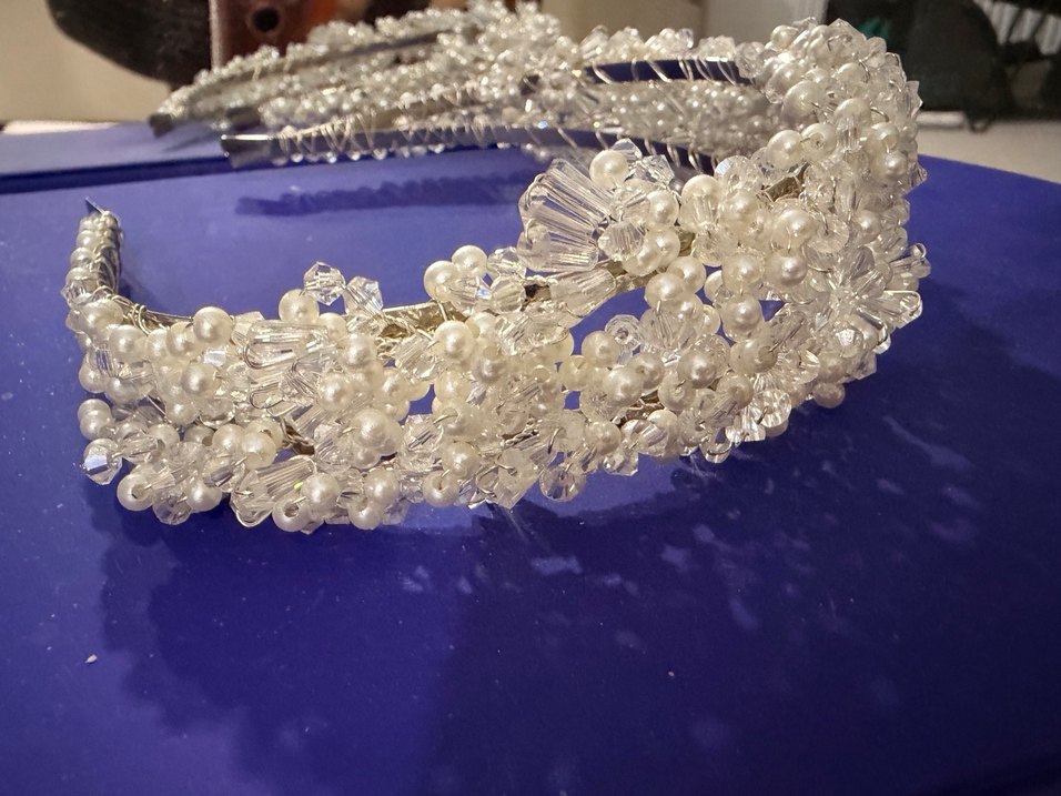Beyaz Boncuklu Cam Saç Aksesuarı düğün gelin taçı - Görsel 3
