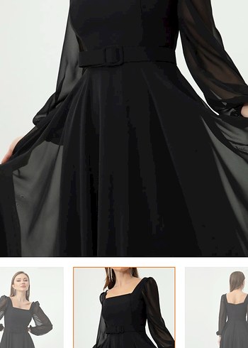 Lafaba Siyah Kare Yaka Kemerli Midi Şifon Abiye Elbise - Görsel 4