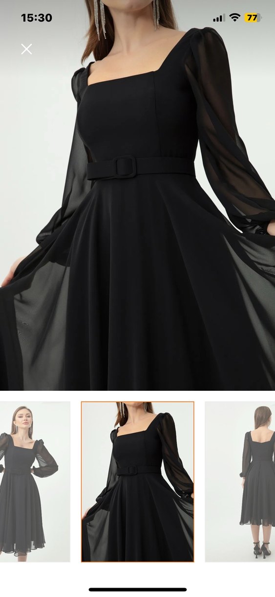 Lafaba Siyah Kare Yaka Kemerli Midi Şifon Abiye Elbise - Görsel 4