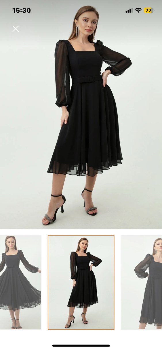 Lafaba Siyah Kare Yaka Kemerli Midi Şifon Abiye Elbise - Görsel 2