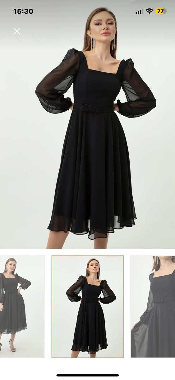 Lafaba Siyah Kare Yaka Kemerli Midi Şifon Abiye Elbise - Görsel 3