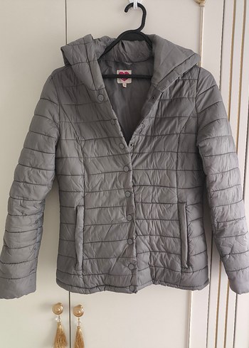 Gri Düğmeli Kadın İnce Şişme Mont - Görsel 3