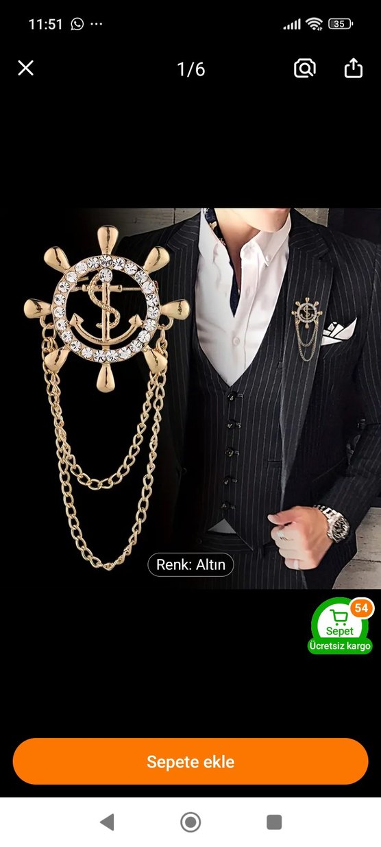 Altın Renk Zincirli Erkek Rozet denizci dümeni - Görsel 2