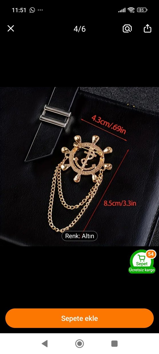 Altın Renk Zincirli Erkek Rozet denizci dümeni - Görsel 4