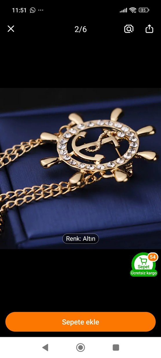 Altın Renk Zincirli Erkek Rozet denizci dümeni - Görsel 3