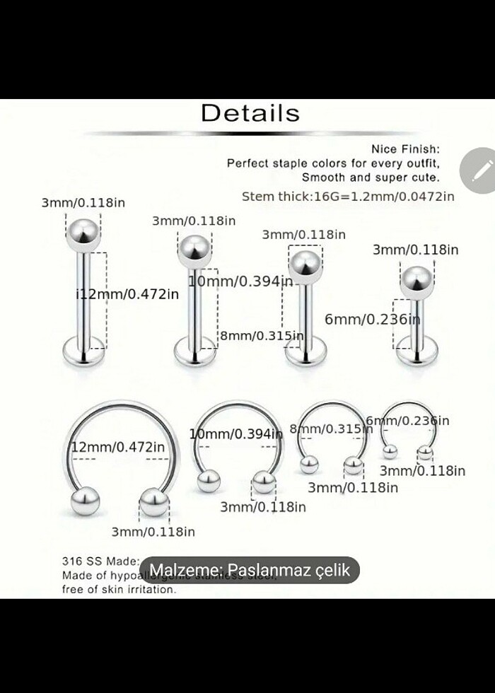 Piercing dudak halkası burun kıkırdak küpe - Görsel 4