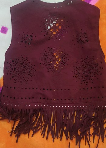 Bordo Süet Nakışlı Püsküllü Kadın Yelek - Görsel 2