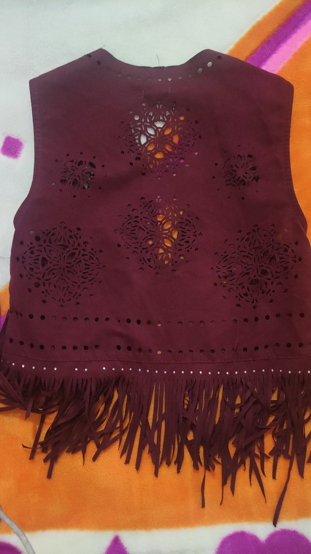 Bordo Süet Nakışlı Püsküllü Kadın Yelek - Görsel 2