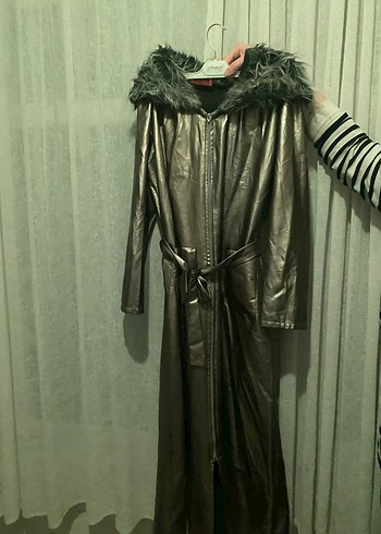 Gri Parlak Deri Kadın Uzun Kaban - Görsel 5