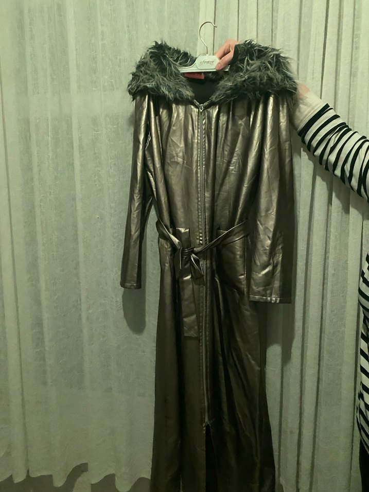 Gri Parlak Deri Kadın Uzun Kaban - Görsel 5