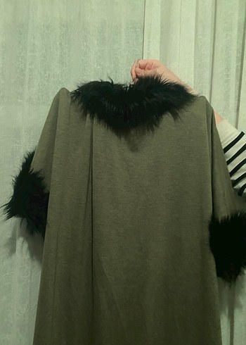 Kürk Detaylı Uzun Gri Kadın panço - Görsel 4