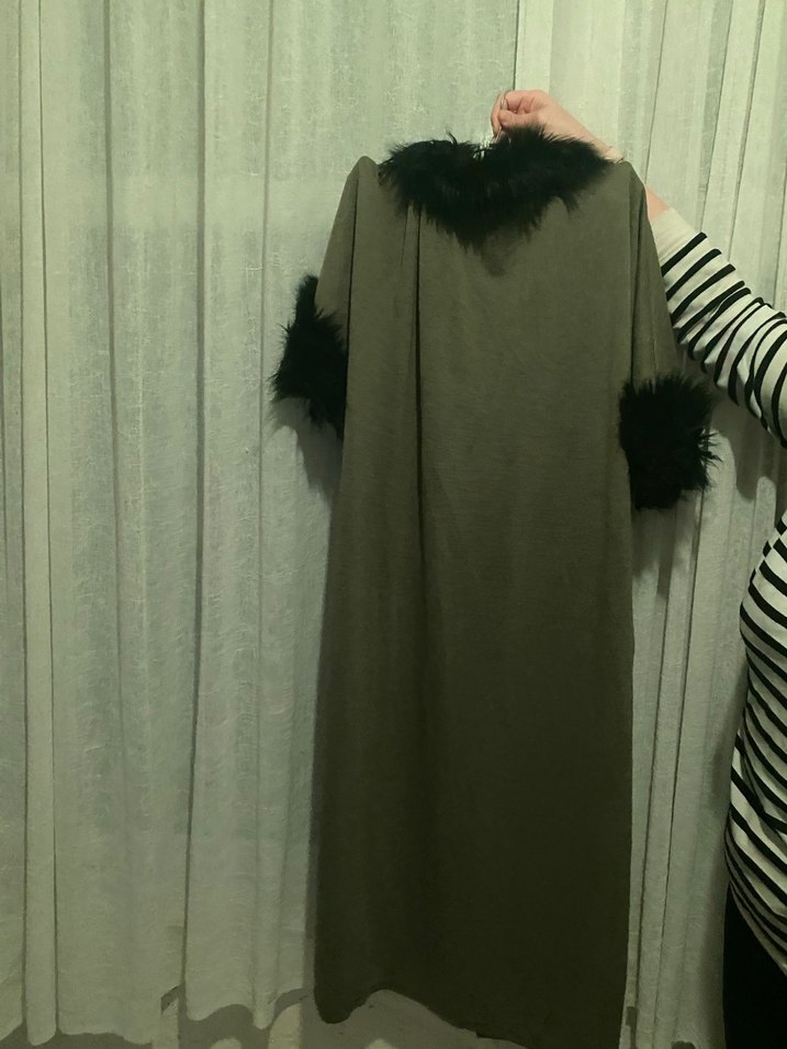 Kürk Detaylı Uzun Gri Kadın panço - Görsel 3