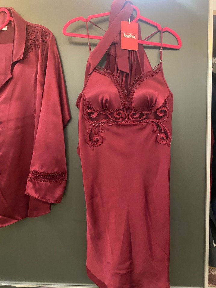 İnce Askılı borda Mini Nakışlı Kadın Gecelik - Görsel 4