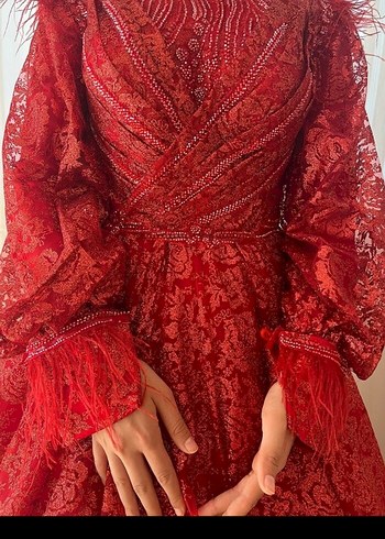 Kırmızı V Yaka Uzun Kollu Dantelli kina Elbisesi - Görsel 3