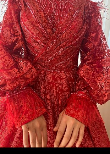 Kırmızı V Yaka Uzun Kollu Dantelli kina Elbisesi - Görsel 2