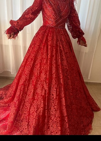 Kırmızı V Yaka Uzun Kollu Dantelli kina Elbisesi - Görsel 5