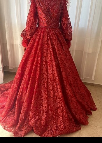 Kırmızı V Yaka Uzun Kollu Dantelli kina Elbisesi - Görsel 4