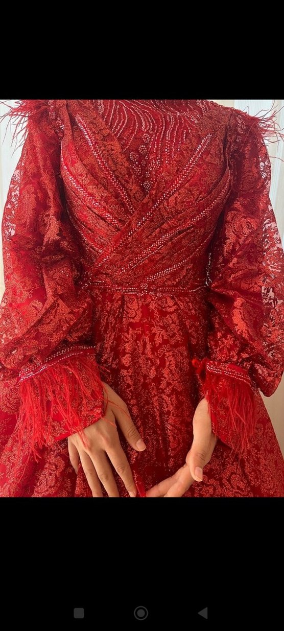 Kırmızı V Yaka Uzun Kollu Dantelli kina Elbisesi - Görsel 3