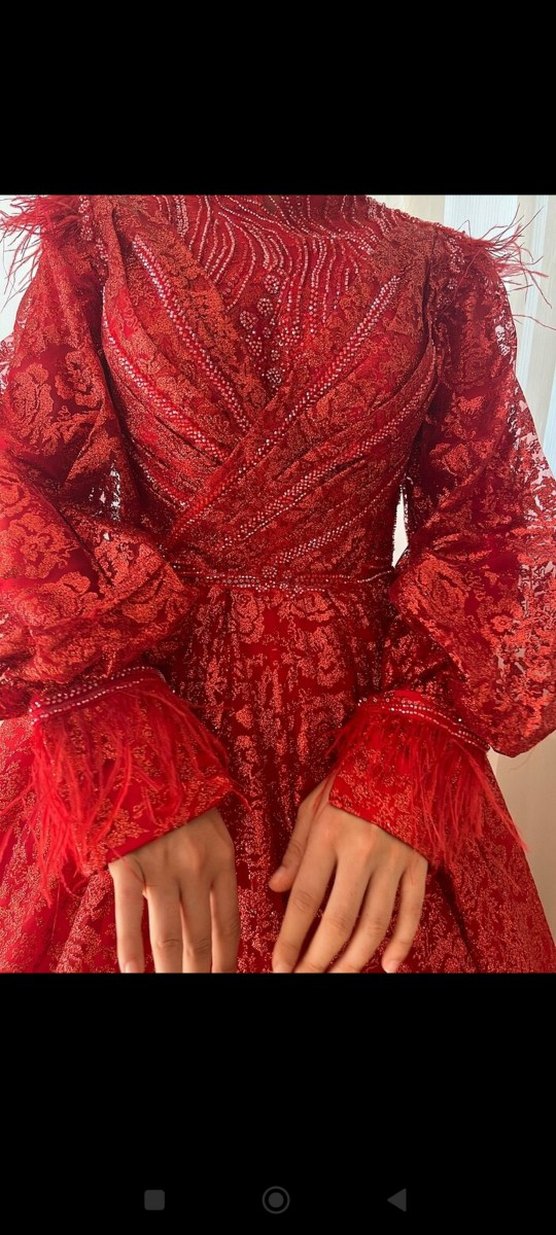 Kırmızı V Yaka Uzun Kollu Dantelli kina Elbisesi - Görsel 2