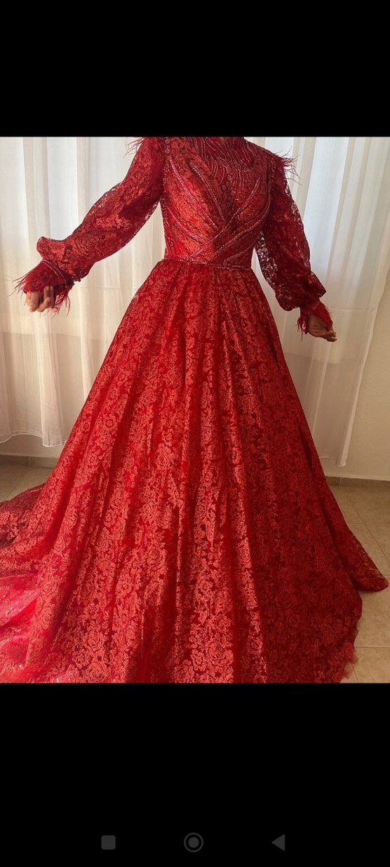 Kırmızı V Yaka Uzun Kollu Dantelli kina Elbisesi - Görsel 5