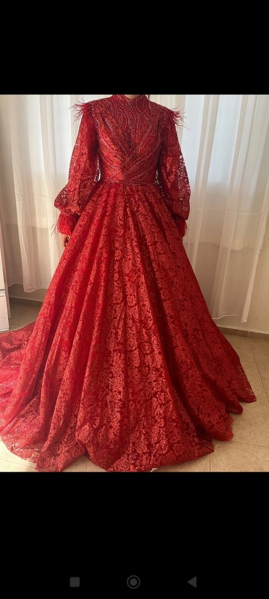 Kırmızı V Yaka Uzun Kollu Dantelli kina Elbisesi - Görsel 4