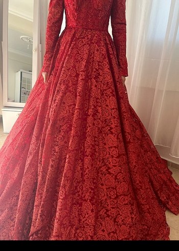 Kadın Kırmızı Uzun Kollu Yüksek Yakalı kına Elbisesi - Görsel 2