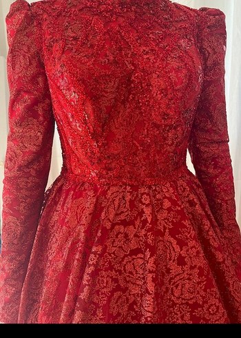 Kadın Kırmızı Uzun Kollu Yüksek Yakalı kına Elbisesi - Görsel 6