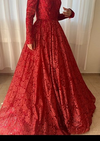 Kadın Kırmızı Uzun Kollu Yüksek Yakalı kına Elbisesi - Görsel 4