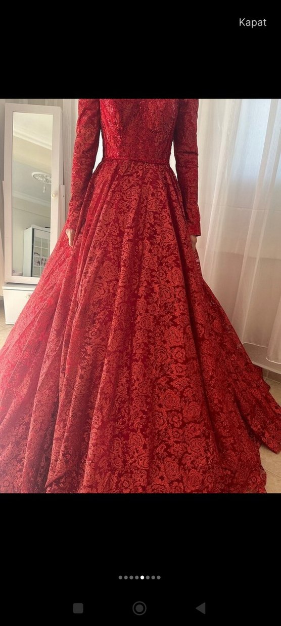 Kadın Kırmızı Uzun Kollu Yüksek Yakalı kına Elbisesi - Görsel 2