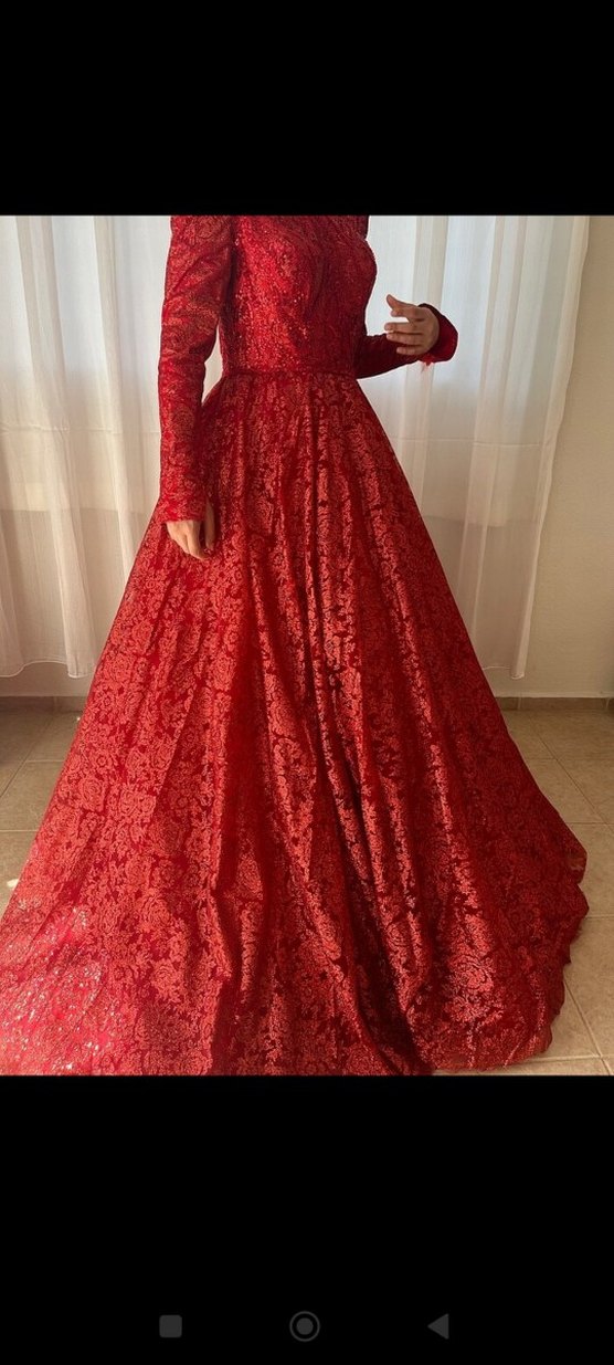 Kadın Kırmızı Uzun Kollu Yüksek Yakalı kına Elbisesi - Görsel 4