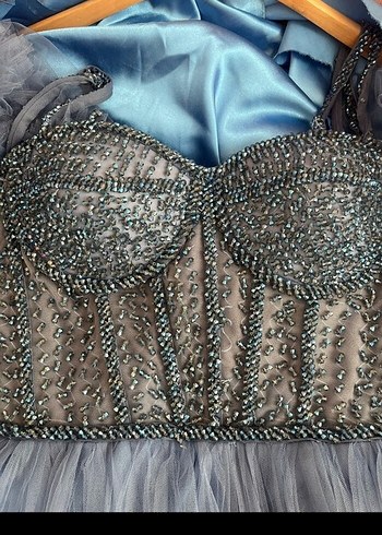 Uzun Lacivert Straplez Fırfırlı Nişan Elbisesi - Görsel 2