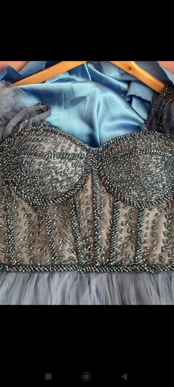 Uzun Lacivert Straplez Fırfırlı Nişan Elbisesi - Görsel 2