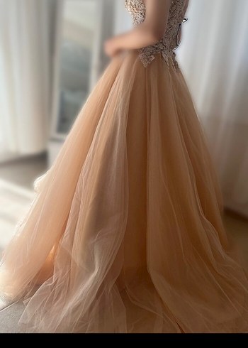 Bej V Yaka Drapeli Uzun Abiye Elbise - Görsel 2