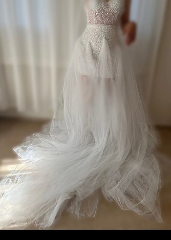 İnci Detaylı Straplez Beyaz Gelinlik - Görsel 2