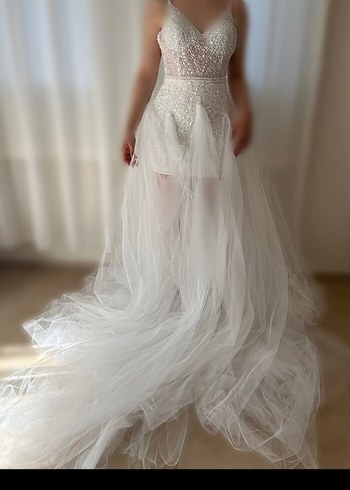 İnci Detaylı Straplez Beyaz Gelinlik - Görsel 3