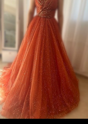 Parlak Turuncu Mini İşlemeli V Yaka Elbise - Görsel 2