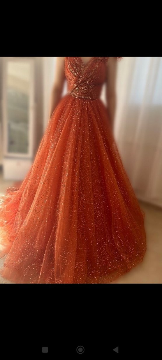 Parlak Turuncu Mini İşlemeli V Yaka Elbise - Görsel 2