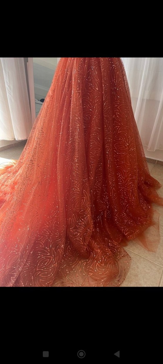 Parlak Turuncu Mini İşlemeli V Yaka Elbise - Görsel 3