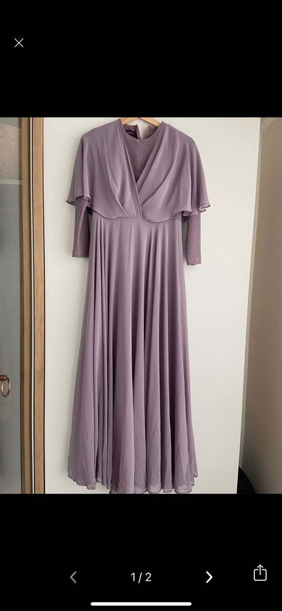 Mor V Yakalı Uzun Kadın Abiye Elbise - Görsel 2