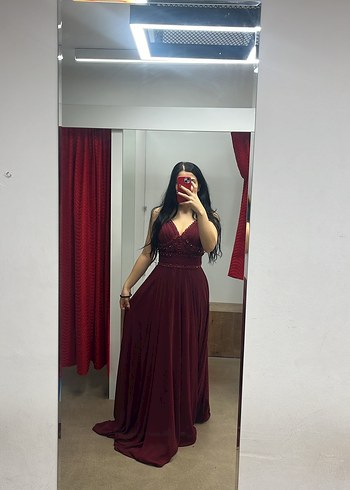 Bordo V Yakalı Drapeli Midi Abiye Elbise