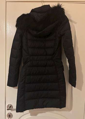 Kadın Siyah Midi Kaban, Kürklü Kapüşonlu - Görsel 5