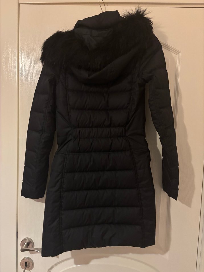 Kadın Siyah Midi Kaban, Kürklü Kapüşonlu - Görsel 5