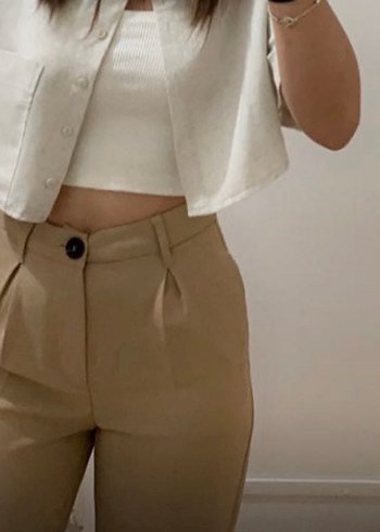 Bej Midi Kumaş Kadın Pantolon - Görsel 5