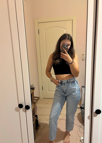 Zara Yuksek Bel Acik Mavi Denim Jean
