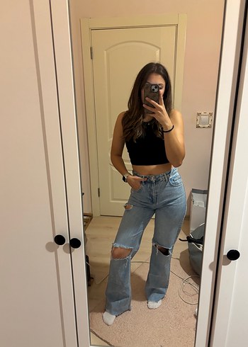 Defacto Siyah Crop Top Acik Mavi Yuksek Bel Jean
