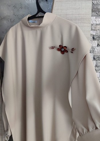 42 Beden camel Renk Nakışlı Bej Kadın Asimetrik Tunik