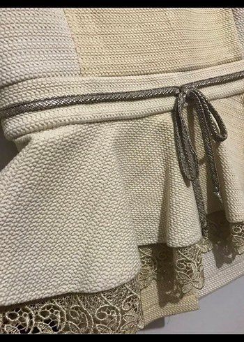 Uzun Kollu Bej Mini Etek ceket - Görsel 4