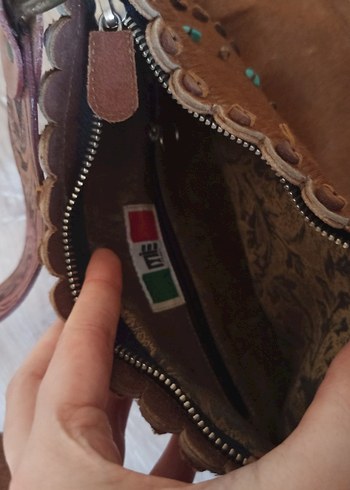 Kahverengi Nakışlı Kürklü Deri Bohem Çanta - Görsel 6