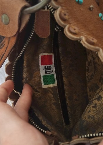 Kahverengi Nakışlı Kürklü Deri Bohem Çanta - Görsel 5