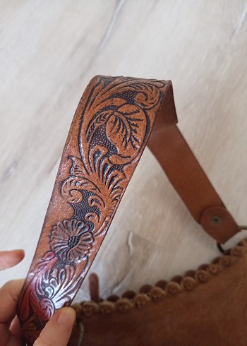 Kahverengi Nakışlı Kürklü Deri Bohem Çanta - Görsel 2